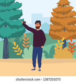 Millennial using smartphone browsing selfie nature background