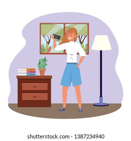 Millennial using smartphone indoors background selfie