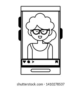 Millennial woman selfie on smartphone screen vector illustration graphic design