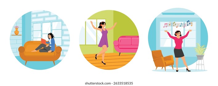 A millennial woman uses a laptop to work at home. Enjoying music and dancing in her cozy living room. Wearing headphones dances while enjoying nice music. Spending weekend at home concept.