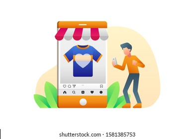 A Millennial Young Man Shopping Online Through Social Media Applications On His Smartphone. E-commerce Vector Illustration For Background And Banner Element 