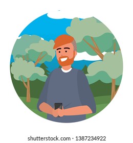 Millennial young person smartphone texting portrait round frame