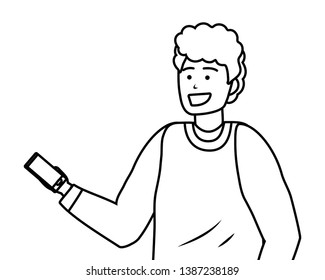 Millennial young person smartphone texting portrait black and white