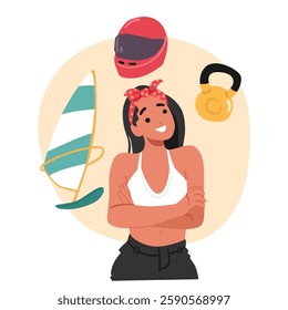 Millennial young sportive girl cartoon character dreaming about active lifestyle choosing hobby recreation between surfing, extreme speed motorcycling, gym training with weights vector illustration