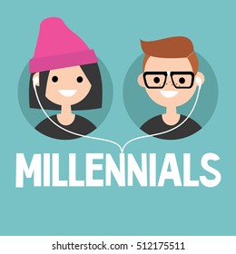 Signo conceptual de Millennials: Niña y joven que comparten un par de auriculares / ilustración plana editable vectorial