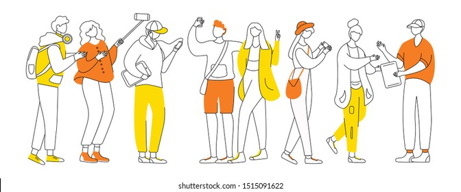 Millennials flat contour vector illustration. Teenager culture. Stylish guys, girls. Teen men, women isolated cartoon outline characters on white background. Adolescent cheerful friends simple drawing