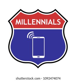 Millennials generation sign, colored shield sign with text and smartphone symbol, vector illustration.
