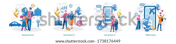 Millennials,\
Generation Z, Baby boomers, Generation X . Vector illustration for\
web banner, infographics, mobile.\
