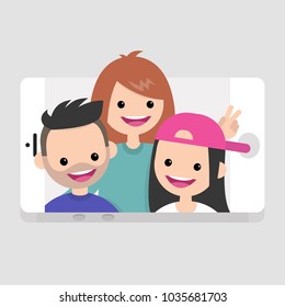 Millennials making a selfie. Young friends having fun. Lifestyle technologies. Mobile application. Flat editable vector illustration, clip art