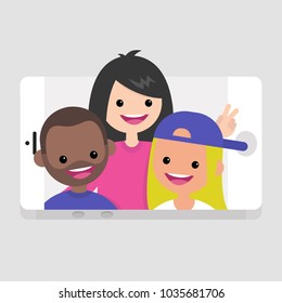 Millennials making a selfie. Young friends having fun. Lifestyle technologies. Mobile application. Flat editable vector illustration, clip art