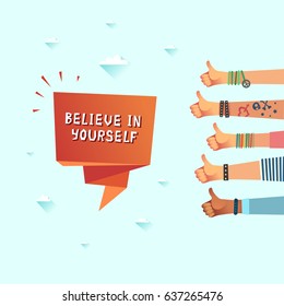 Millennials motivation believe in yourself concept. Friends thumbs up giving a lot of likes. Colorful vector illustration in flat design style