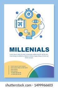 Millennials poster template layout. Age group. Gen Y lifestyle. Core values. Banner, booklet, leaflet print design with linear icons. Vector brochure page layouts for magazines, advertising flyers