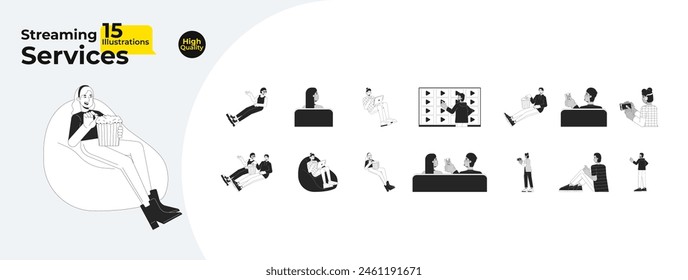 Millennials relaxing with streaming platform black and white cartoon flat illustration bundle. Gen z with gadgets 2D lineart characters isolated. Leisure monochrome vector outline image collection