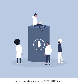 Millennials sitting and standing around the smart speaker. New technologies. Voice control. Flat editable vector illustration, clip art