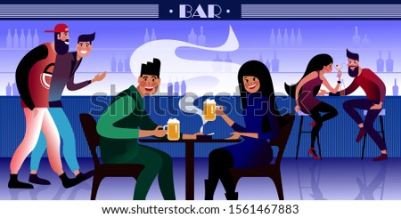 Millennials talking and drinking together in a bar at night. Flat vector illustration.