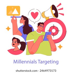 Millennials Targeting concept. Engaging with young adults through social media and trendy interests. Marketing strategy to capture attention. Vector illustration.