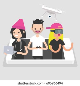 Millennials using different devices: laptop with headphones, drone and VR glasses. New technologies conceptual illustration. Flat editable vector, clip art