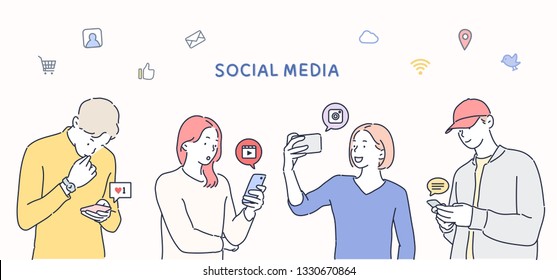 Millennials Using Social Media With Icons. Hand Drawn Style Vector Design Illustrations.