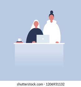Millennials at work. Teamwork. Office routine life. Colleagues discussing a project. Senior manager supervising a junior manager. Flat vector characters.
