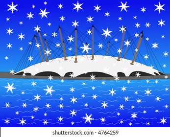 Millennium dome in winter with falling snow