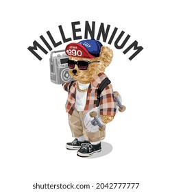 millennium slogan with bear doll holding skateboard and stereo vector illustration 