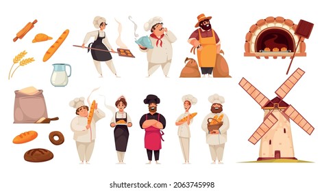 Miller baker set of isolated icons with human characters images of stove windmill and bakery products vector illustration