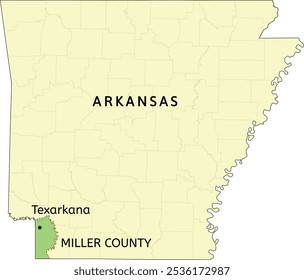 Miller County and city of Texarkana location on Arkansas state map