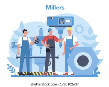 Miller and milling concept illustration. Engineer drilling metal with milling machine, detail manufacturing. Industrial technology. Isolated flat vector illustration