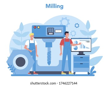 Miller and milling concept illustration. Engineer drilling metal with milling machine, detail manufacturing. Industrial technology. Isolated flat vector illustration