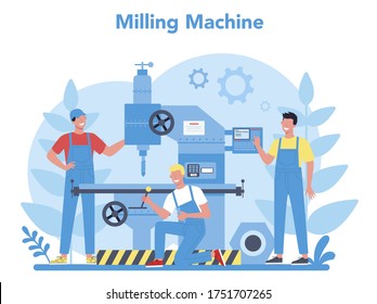 Miller and milling concept illustration. Engineer drilling metal with milling machine, detail manufacturing. Industrial technology. Isolated flat vector illustration