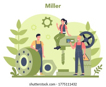Miller and milling concept illustration. Engineer drilling metal with milling machine, detail manufacturing. Industrial technology. Isolated flat vector illustration