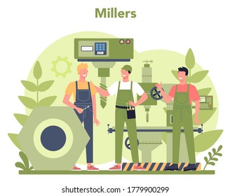 Miller and milling concept illustration. Engineer drilling metal with milling machine, detail manufacturing. Industrial technology. Isolated flat vector illustration