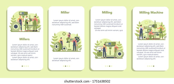 Miller and milling mobile application banner set. Engineer drilling metal with milling machine, detail manufacturing. Industrial technology. Isolated flat vector illustration