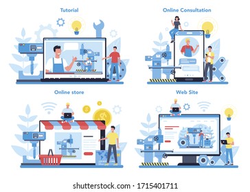 Miller and milling online service or platform on differernt device concept set. Engineer drilling metal with milling machine, detail manufacturing. Industrial technology. Vector illustration