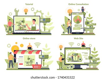 Miller and milling online service or platform on differernt device concept set. Engineer drilling metal with milling machine, detail manufacturing. Industrial technology. Vector illustration