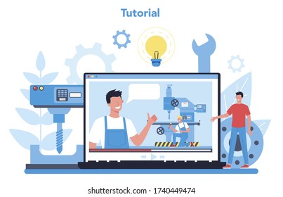 Miller and milling online service or platform. Engineer drilling metal with milling machine, detail manufacturing tutorial. Industrial technology. Vector illustration