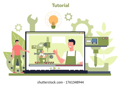 Miller and milling online service or platform. Engineer drilling metal with milling machine, detail manufacturing tutorial. Industrial technology. Vector illustration