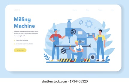 Miller and milling web banner or landing page. Engineer drilling metal with milling machine, detail manufacturing. Industrial technology. Isolated flat vector illustration