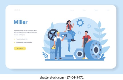 Miller and milling web banner or landing page. Engineer drilling metal with milling machine, detail manufacturing. Industrial technology. Isolated flat vector illustration