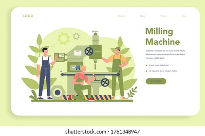 Miller and milling web banner or landing page. Engineer drilling metal with milling machine, detail manufacturing. Industrial technology. Isolated flat vector illustration