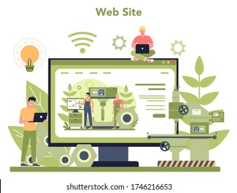 Miller y sitio web de fresado. Ingeniero perforando metal con fresadora, fabricación de detalles. Tecnología industrial. Ilustración del vector