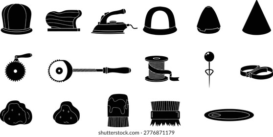Millinery hat making tool silhouette icons collection on white background
