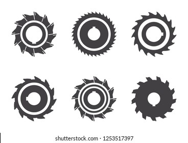 Milling cutter with different number of teeth. Set of vector icons