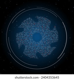 The milling disc symbol filled with white dots. Pointillism style. Some dots is red. Vector illustration on blue background with stars