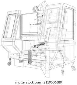 Milling machine. Closed type cnc machine for milling metal parts.