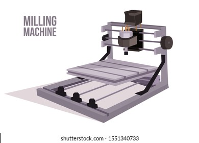 Milling machine flat vector illustration. Equipment for shaping flat and irregular surface isolated on white background. Factory machinery, automated metal cutting tool. Industry apparatus
