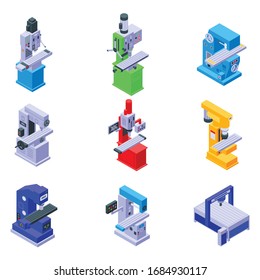 Milling machine icons set. Isometric set of milling machine vector icons for web design isolated on white background