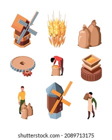 Milling production. Farm industry making mill from rural grains and rustic corns historical building of windmill garish vecto illustrations isometric