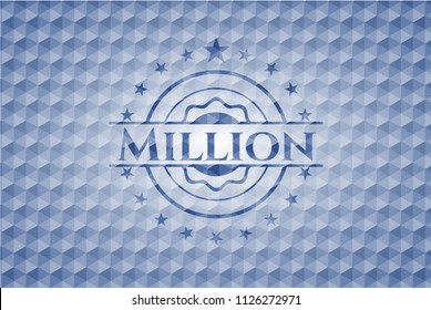 Million blue emblem with geometric pattern background.