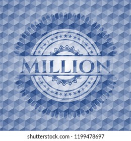 Million blue emblem with geometric pattern background.